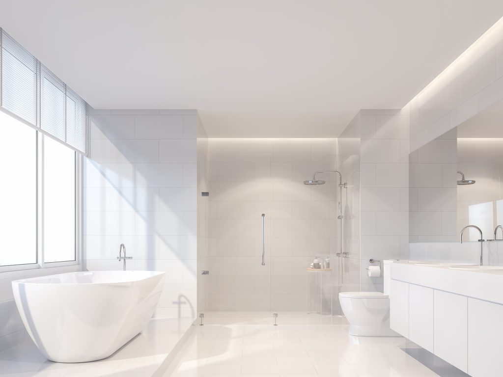 Modern luxury white bathroom 3d render. There are white tile wal