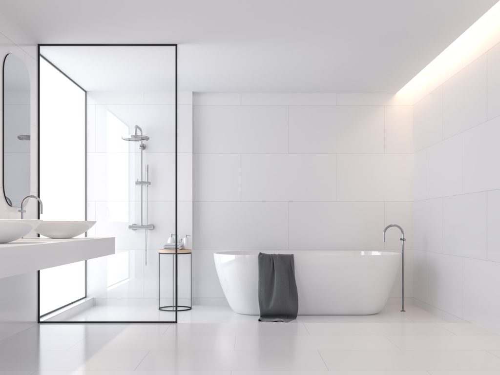 Minimal style white bathroom 3d render, There are large white ti