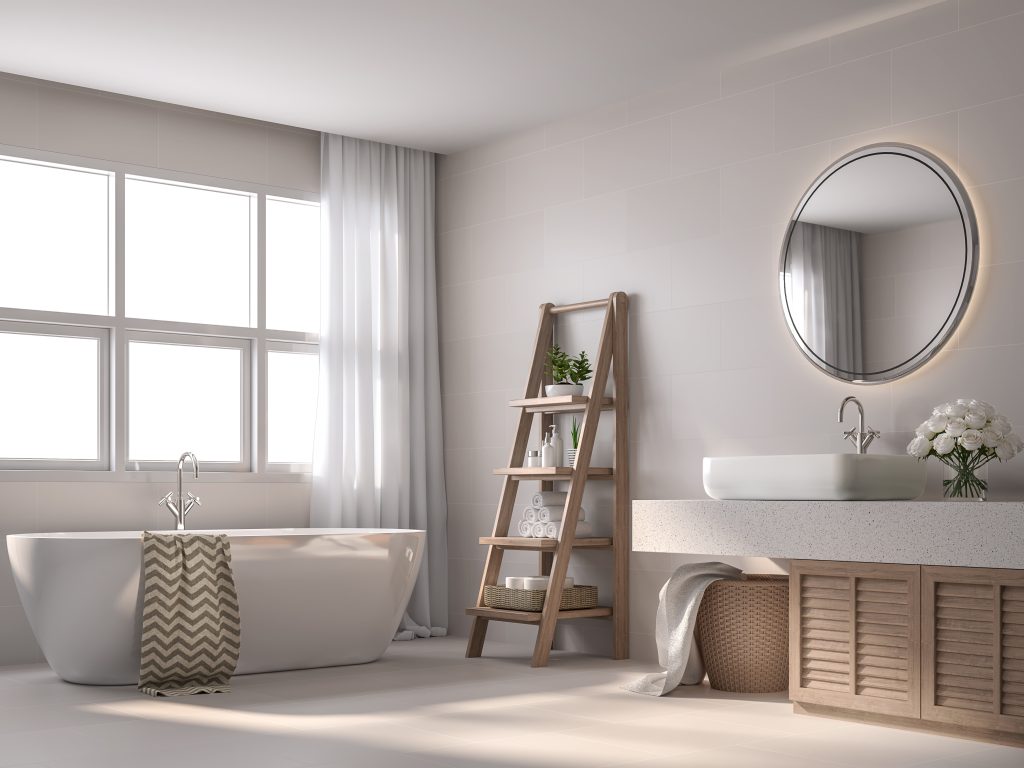 Modern contemporary style bathroom 3d render, With beige tile wa