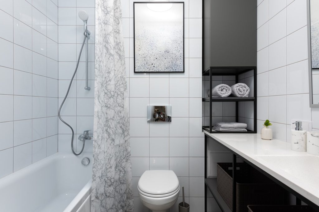 Bathroom interior with toilet near bathtub with shower near cupboard
